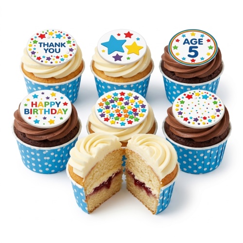 Assortment of colourful star-themed birthday cupcakes with various messages and age topper.