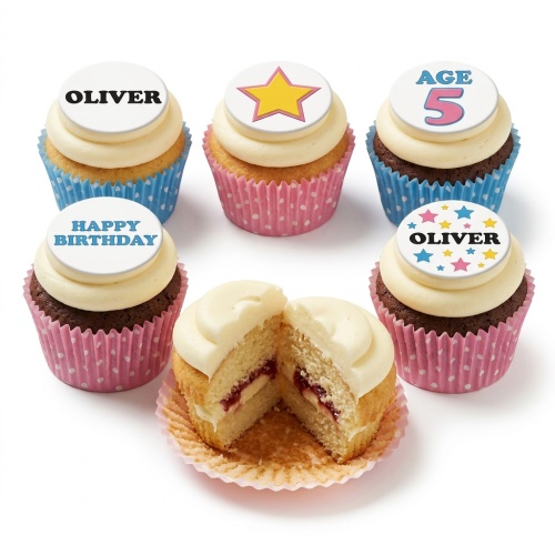 A set of personalised birthday cupcakes with custom age and name toppers, featuring star designs and 'Happy Birthday' message.