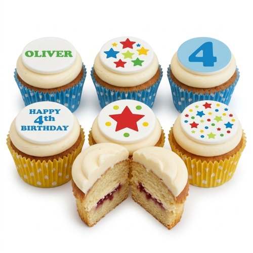 Six vanilla cupcakes with white frosting and star-themed fondant toppers, including examples of custom age and personalised name.