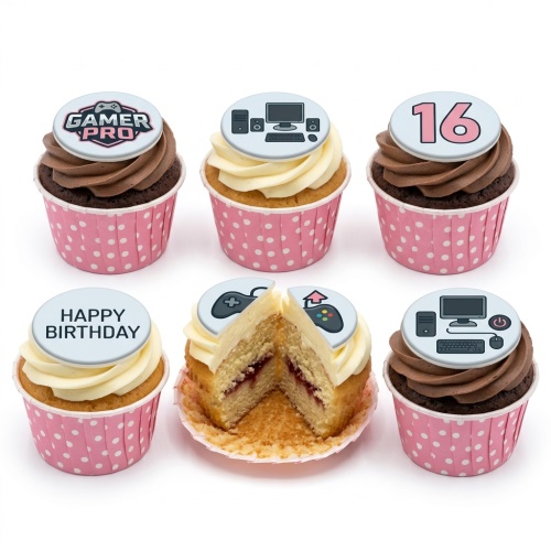 Six cupcakes with gaming and computer themed toppers, including a custom age and "Happy Birthday" message.