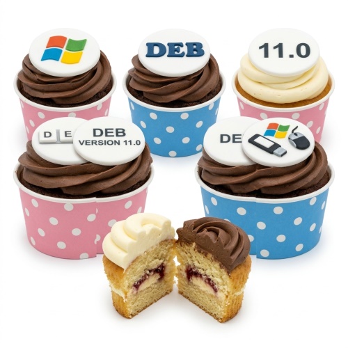 Computer theme birthday cupcakes with Windows logo, 'DEB', '11.0', USB, and mouse toppers on chocolate and vanilla frosting.