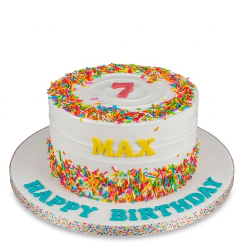 Round white birthday cake with colourful sprinkles, a custom age topper, and a personalised name