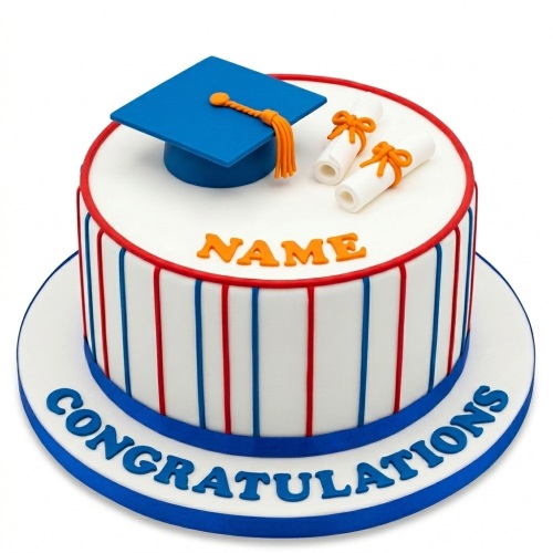 White round graduation cake with blue cap, diplomas, red and blue stripes, and 'Congratulations' message.