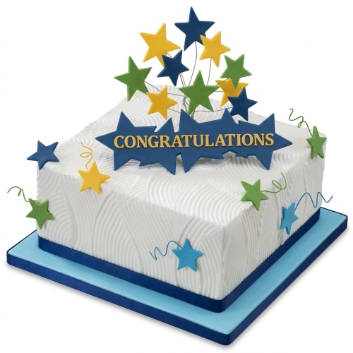 Square white congratulations cake with blue, yellow, and green stars and "CONGRATULATIONS" message.