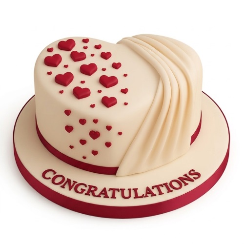 Heart-shaped cream cake with red hearts, draped fondant, and a red ribbon base.