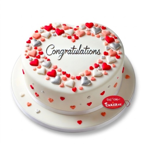 White heart-shaped celebration cake with red, pink, and silver heart decorations and a custom message.