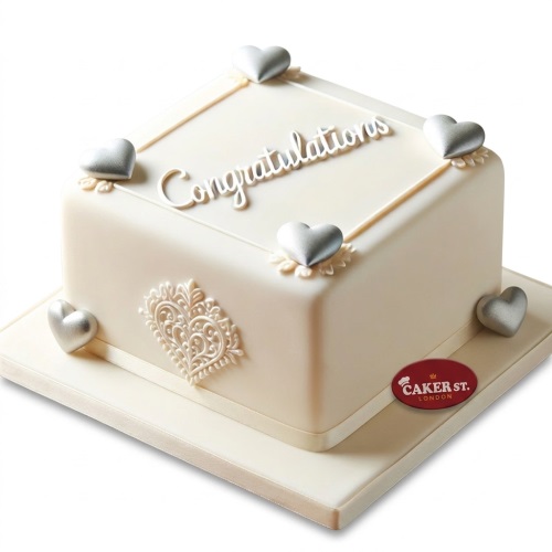Square cream celebration cake with silver hearts and 'Congratulations' message.