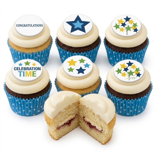 Vanilla and chocolate cupcakes with white frosting and star-themed edible toppers for celebration.