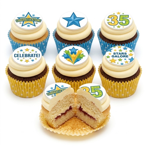 Celebration cupcakes with star toppers and custom age "35" example.