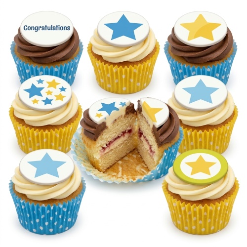 Assortment of celebration cupcakes with blue and yellow star toppers and a 'Congratulations' message.
