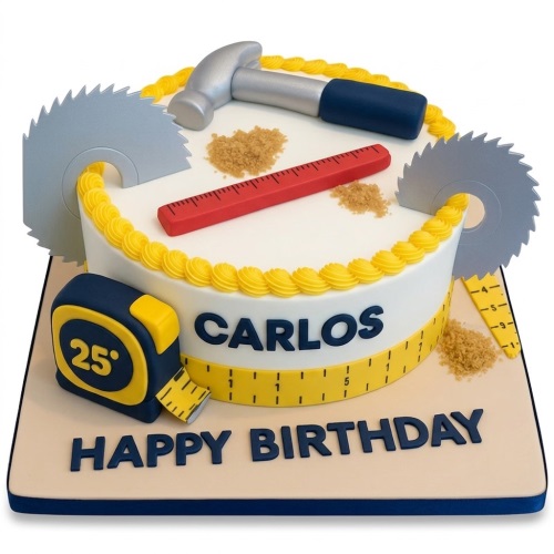 Round white birthday cake with construction tools, custom name, and custom age tape measure.