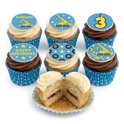 Set of six cupcakes with blue and yellow digger and crane toppers, featuring stars, wheel patterns, and custom age elements.