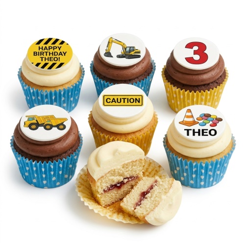 Construction theme cupcakes with diggers, dump trucks, caution signs, and a custom age topper.