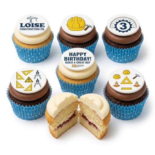 Construction themed birthday cupcakes with hard hats, tools, and a custom age topper on vanilla and chocolate sponges.