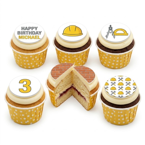 Assortment of construction themed cupcakes with yellow hard hats, brick wall, compass, protractor, wrenches, custom age, and a personalised message.