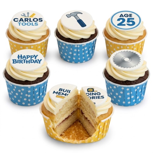 Cupcakes with tool toppers, hammer, saw, and custom age/message for a birthday.
