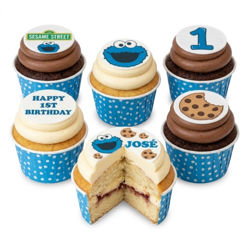 Sesame Street Cookie Monster cupcakes with number 1 and Happy 1st Birthday toppers.