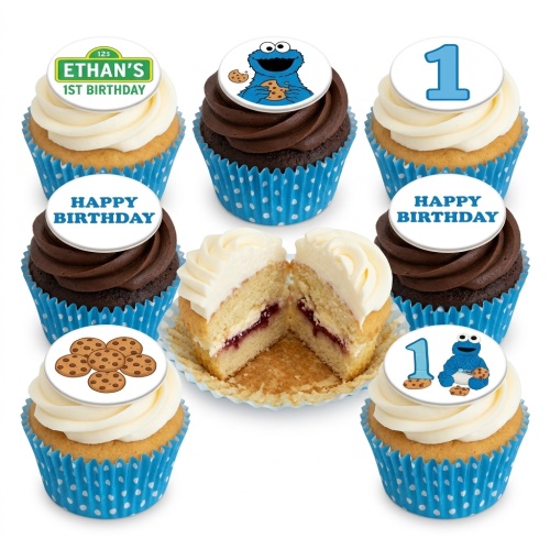 A selection of Cookie Monster themed birthday cupcakes with blue polka dot wrappers, white and chocolate frosting, featuring Cookie Monster, number 1, cookies, and 'Happy Birthday' toppers.