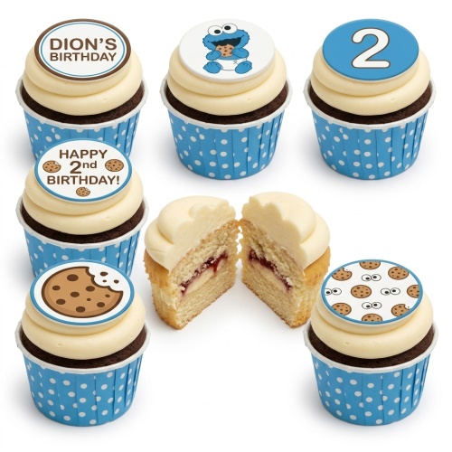 Set of Cookie Monster themed birthday cupcakes with blue and white polka dot wrappers, featuring Cookie Monster, cookies, and a number 2 topper.