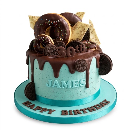Mint green drip birthday cake with chocolate donuts, Oreo cookies, and custom age topper.