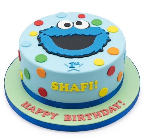 Round light blue Cookie Monster birthday cake with colourful polka dots, a 1st star, and custom name.