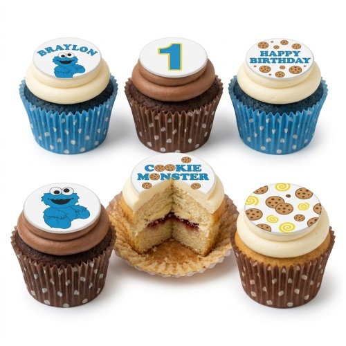 Set of Cookie Monster themed cupcakes with custom age and personalised name toppers.