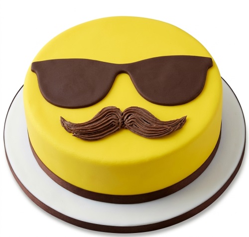 Round yellow cake decorated with dark brown sunglasses and a piped chocolate mustache.