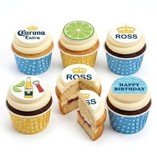 Cupcakes with Corona Extra beer themed toppers, lime slices, a beer bottle, and a 'Happy Birthday' message.