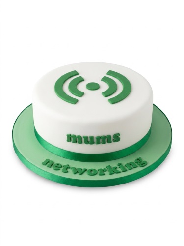 Round white cake with green WiFi symbol on top and green ribbon around the base.