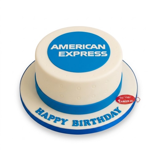 Round white birthday cake with blue American Express logo and 'Happy Birthday' message.
