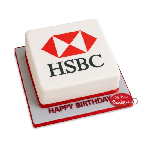 White square cake with red and black HSBC logo on top and 'Happy Birthday' written in red on the cake board.
