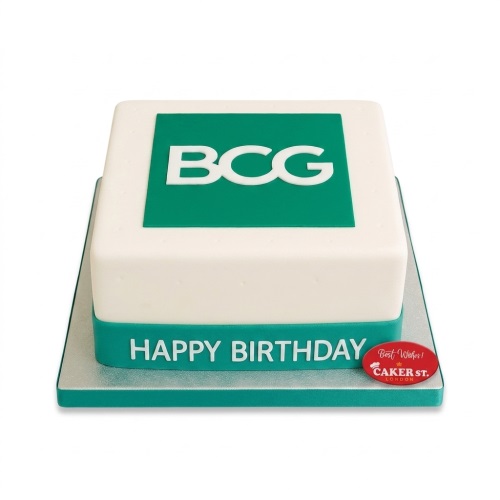 Square white and teal birthday cake with a custom company logo and 'Happy Birthday' message.