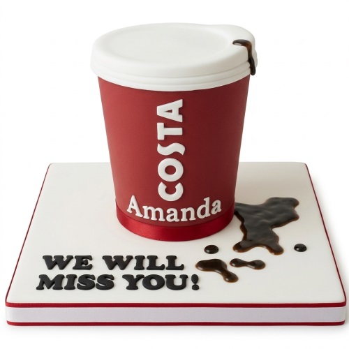3D Costa coffee cup shaped cake with a spilled coffee design and custom message.