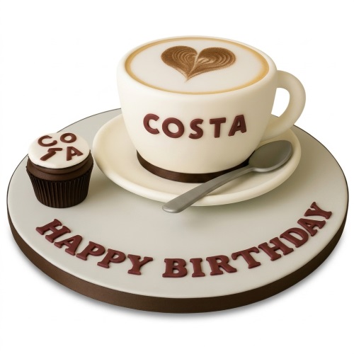 Round birthday cake with a 3D Costa Coffee cup and saucer, latte art heart, small spoon, and a Costa branded cupcake. Happy Birthday message on the board.