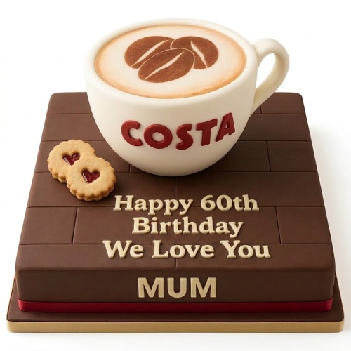 Square brown cake with a large 3D Costa coffee cup and two heart biscuits. Custom message 'Happy Birthday' visible.