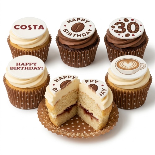 Six coffee-themed birthday cupcakes with vanilla and chocolate frosting, featuring coffee bean, latte art, and custom age toppers.