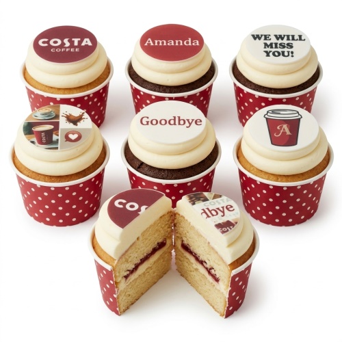 Cupcakes with custom corporate logos and farewell messages in red and white polka dot cases.