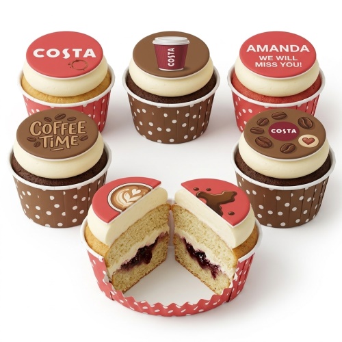 Six Costa Coffee themed cupcakes with coffee cup and logo toppers, one cut showing jam filling.