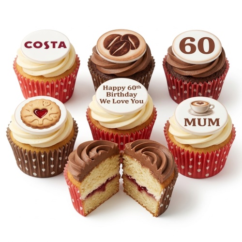 Coffee and biscuit themed birthday cupcakes with custom age and message toppers