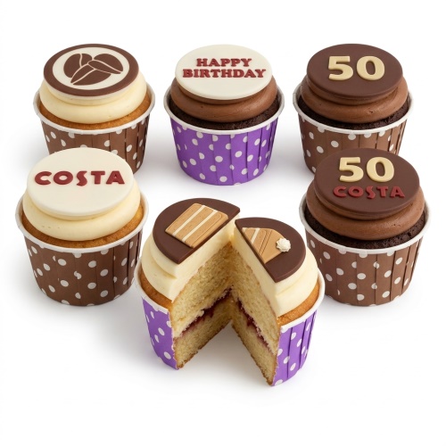 Six Costa themed birthday cupcakes with coffee bean, Happy Birthday, and custom age 50 toppers.