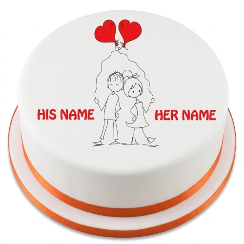 White round cake with hand-drawn couple holding red heart balloons and custom name text.