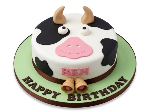 Round white and black cow face birthday cake with pink nose and horns, on a green board with edible cowbells and a custom message.