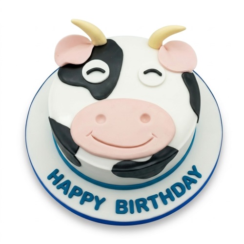 Round white cake decorated as a smiling cow face with black patches and yellow horns, on a blue-trimmed board with 'Happy Birthday' message.