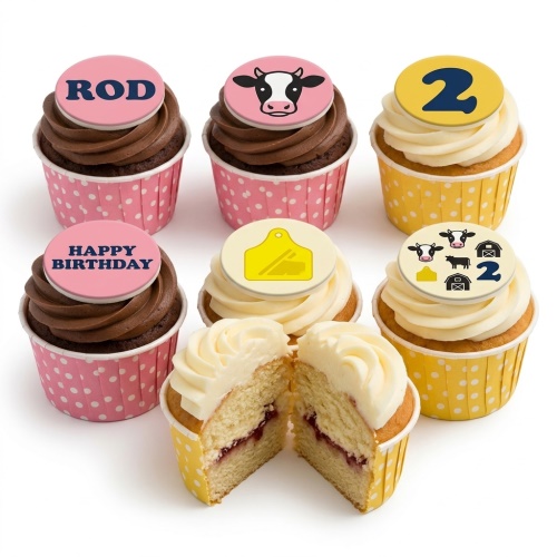Farm animal cupcakes with cow, barn, ear tag toppers, custom age and name examples.