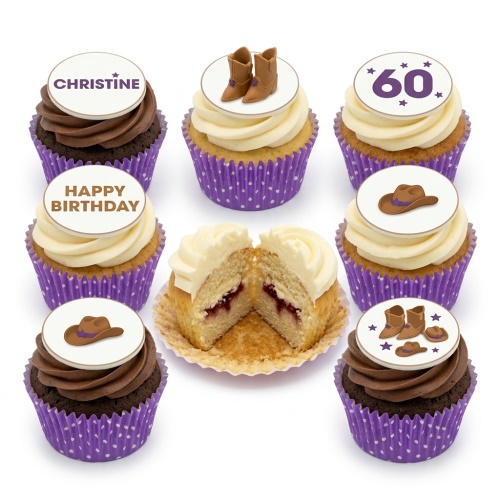 Cowboy themed birthday cupcakes with edible boots, hats, and custom age/name toppers.