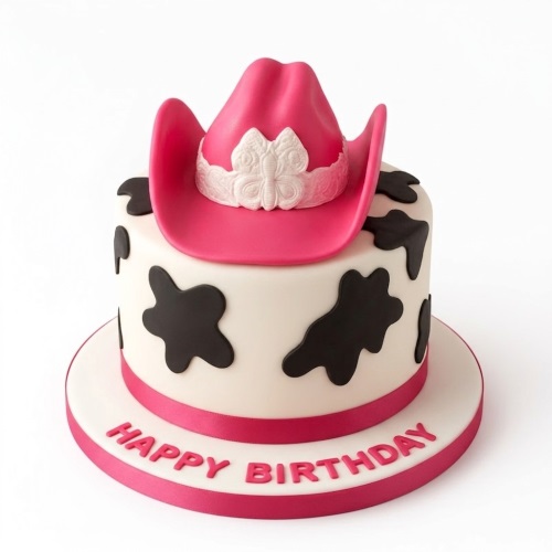 White round cake with black cow print, topped with a pink cowboy hat and 'Happy Birthday' message.
