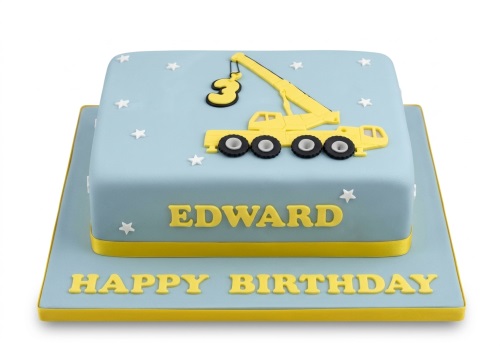 Light blue square birthday cake with a yellow crane, custom age topper, white stars, and personalised name.