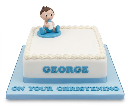 White square Christening cake with blue baby boy figurine and personalised message.