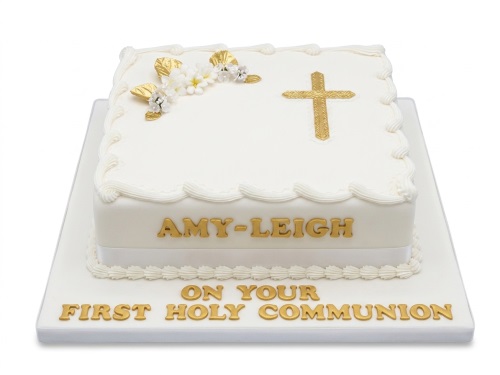 White square Holy Communion cake with a gold cross, gold leaves, and white sugar flowers.
