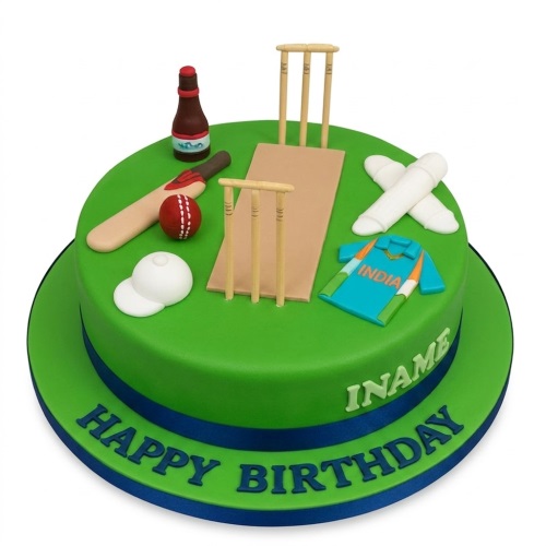 Round green cricket theme birthday cake with edible bat, ball, stumps, pads, and India jersey.
